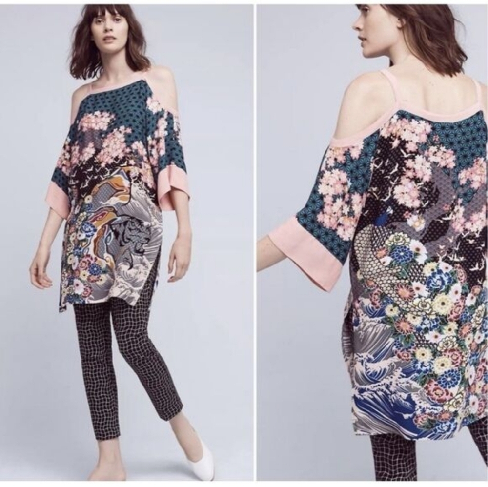 Maeve By Anthro Cold-Shoulder Asian Inspired Floral Tunic Boho Festival Size S